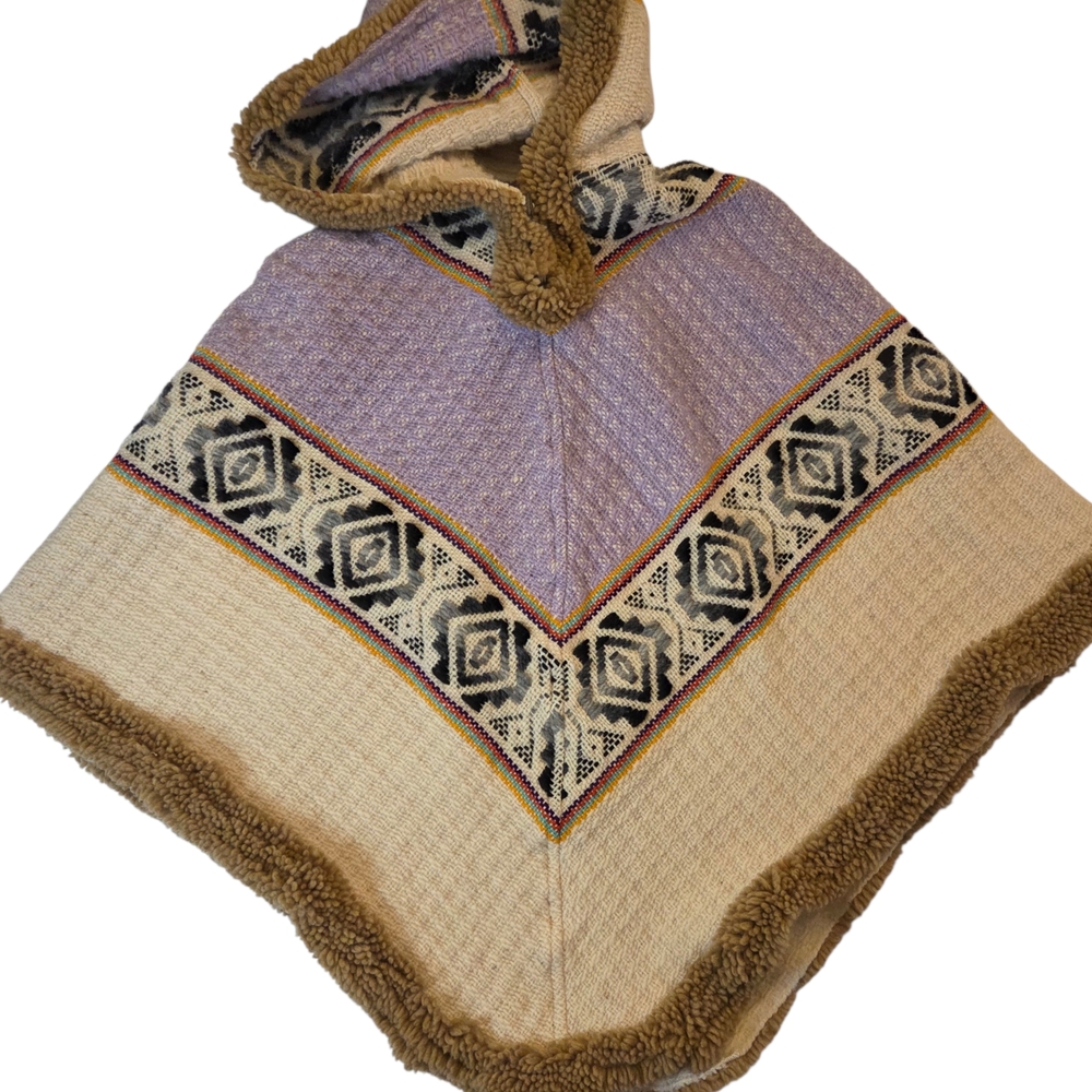 Hooded Poncho Boho Triple Point Purple & Cream -Alpaca & Sheep-  Made In Canada